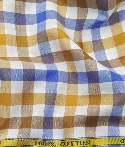 Soktas Men's 100% Cotton Blue & Yellow Checks Unstitched Shirt Fabric (White