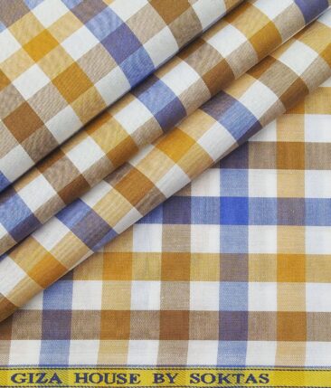Soktas Men's 100% Cotton Blue & Yellow Checks Unstitched Shirt Fabric (White