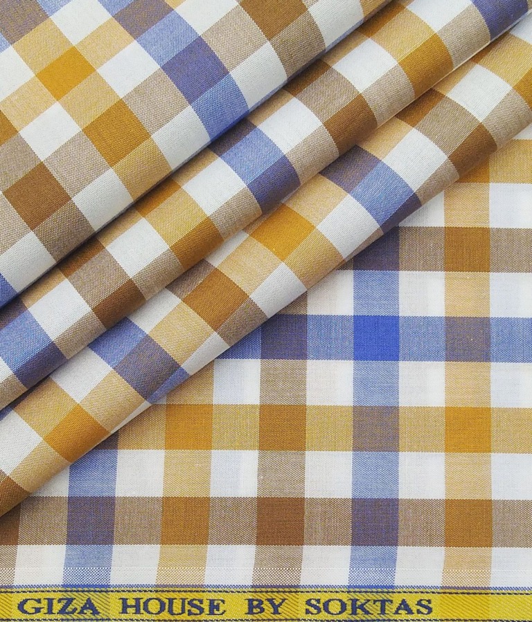 Soktas Men's 100% Cotton Blue & Yellow Checks Unstitched Shirt Fabric (White