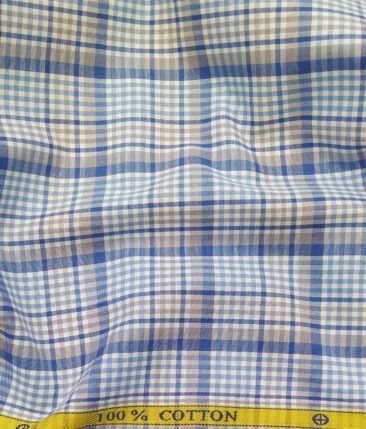 Soktas Men's 100% Cotton Firozi Blue Checks Unstitched Shirt Fabric (White