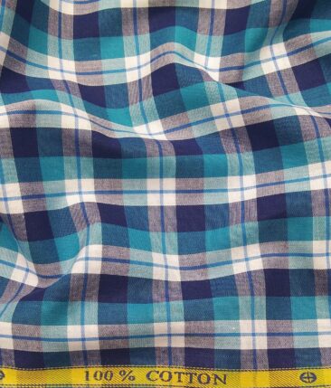 Soktas Men's 100% Cotton Multicolor Checks Unstitched Shirt Fabric (White & Blue