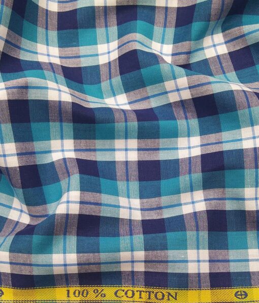 Soktas Men's 100% Cotton Multicolor Checks Unstitched Shirt Fabric (White & Blue