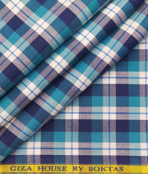 Soktas Men's 100% Cotton Multicolor Checks Unstitched Shirt Fabric (White & Blue