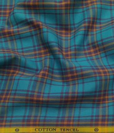 Soktas Men's Cotton Tencel Burberry Checks Unstitched Shirt Fabric (Firozi Blue