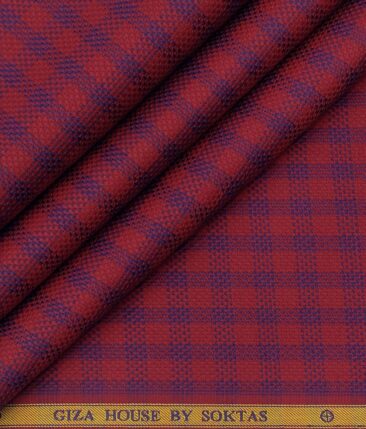Soktas Men's 100% Egyptian Giza Cotton Royal Blue Checks Unstitched Shirt Fabric (Red