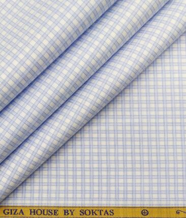 Soktas Men's 100% Egyptian Giza Cotton Blue Checks Unstitched Shirt Fabric (White