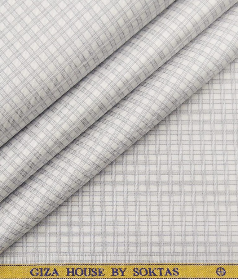 Soktas Men's 100% Egyptian Giza Cotton Grey Checks Unstitched Shirt Fabric (White