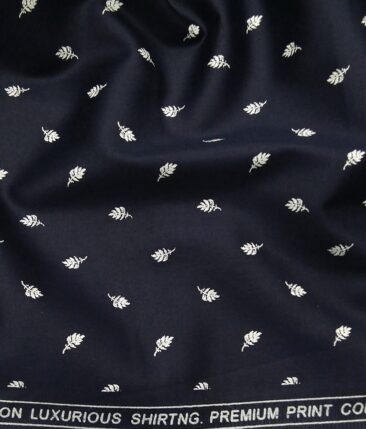 Solino Men's 100% Premium Cotton White Feather Print Unstitched Shirt Fabric (Dark Blue