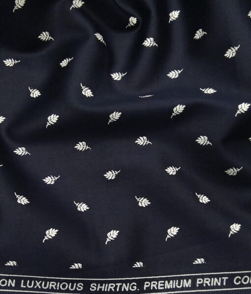 Solino Men's 100% Premium Cotton White Feather Print Unstitched Shirt Fabric (Dark Blue