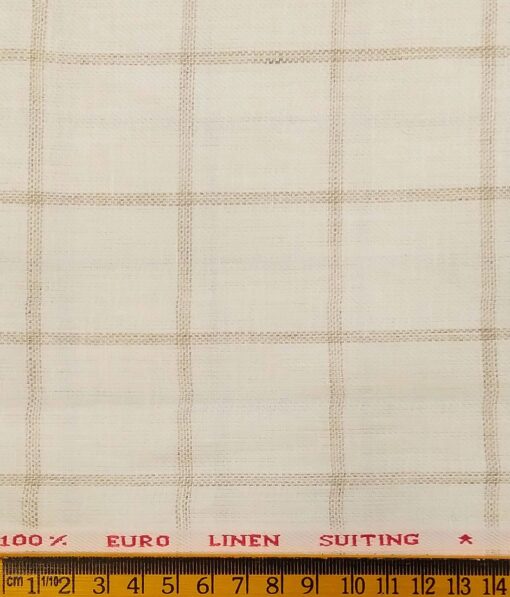 Solino Men's 100% Pure Linen Brown Checks Unstitched Suiting Fabric (Cream
