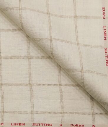 Solino Men's 100% Pure Linen Brown Checks Unstitched Suiting Fabric (Cream