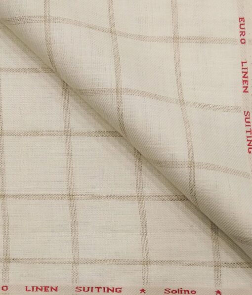 Solino Men's 100% Pure Linen Brown Checks Unstitched Suiting Fabric (Cream