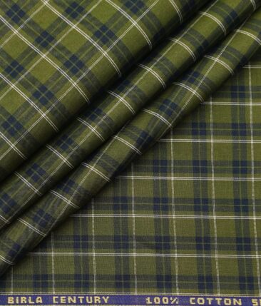 Birla Century Men's 100% Cotton White & Blue Checks Unstitched Shirt Fabric (Green