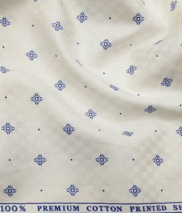 Birla Century Men's 100% Premium Cotton Royal Blue Printed Unstitched Shirt Fabric (Off-White