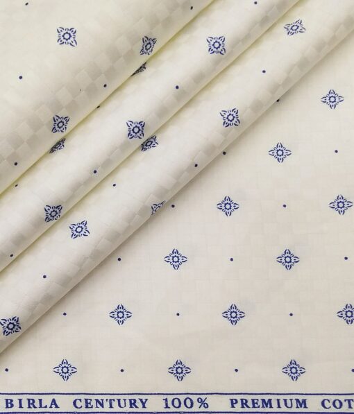 Birla Century Men's 100% Premium Cotton Royal Blue Printed Unstitched Shirt Fabric (Off-White
