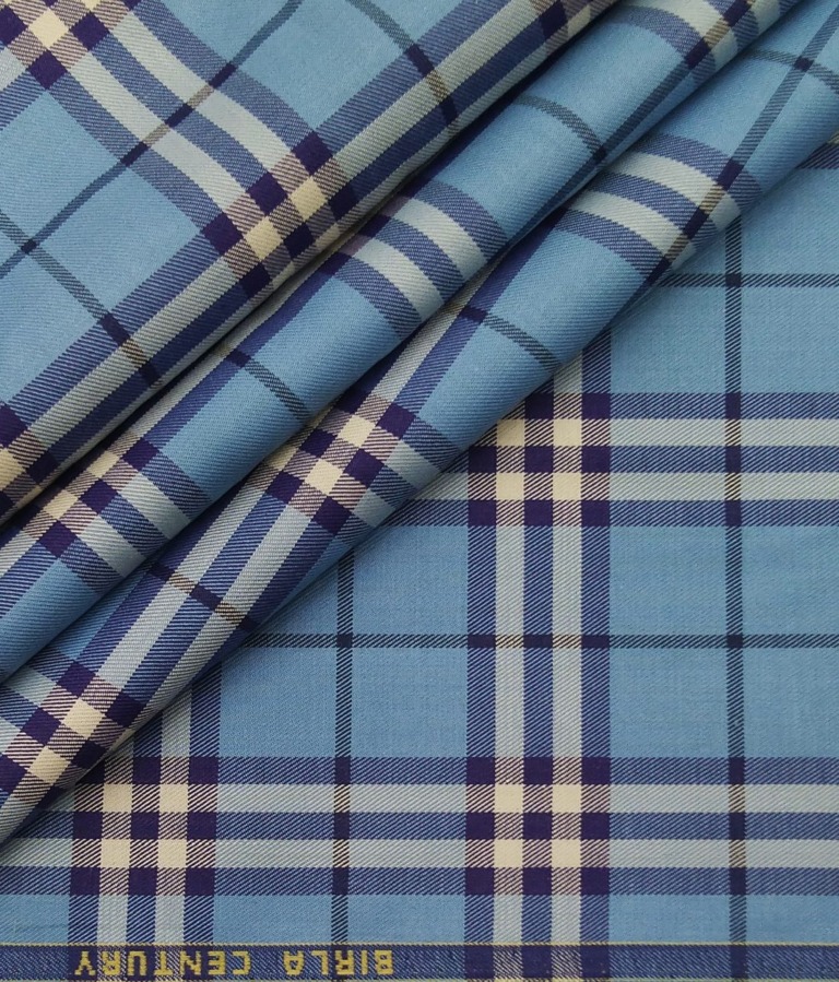 Birla Century Men's 100% Cotton White & Purple Broad Checks Unstitched Shirt Fabric (Firozi Blue