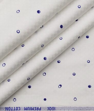Exquisite Men's 100% Cotton Blue Polka Dots Print Unstitched Shirt Fabric (Off-White