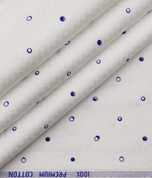 Exquisite Men's 100% Cotton Blue Polka Dots Print Unstitched Shirt Fabric (Off-White
