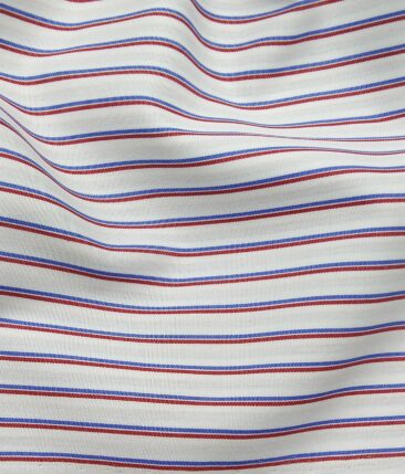 Nemesis Men's 100% Giza Cotton Red & Blue Striped Unstitched Shirt Fabric (White