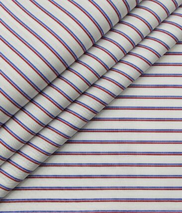 Nemesis Men's 100% Giza Cotton Red & Blue Striped Unstitched Shirt Fabric (White