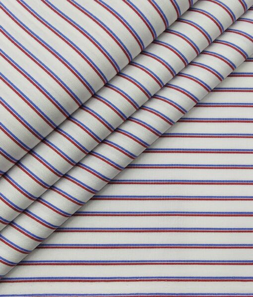 Nemesis Men's 100% Giza Cotton Red & Blue Striped Unstitched Shirt Fabric (White