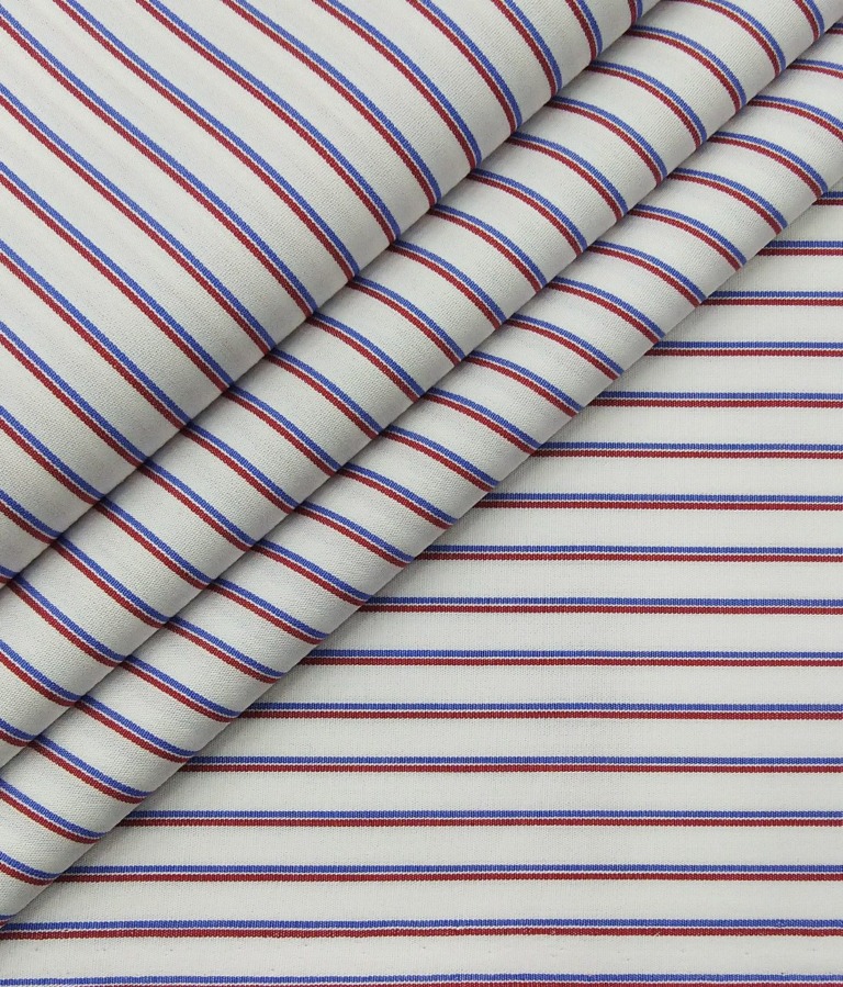 Nemesis Men's 100% Giza Cotton Red & Blue Striped Unstitched Shirt Fabric (White