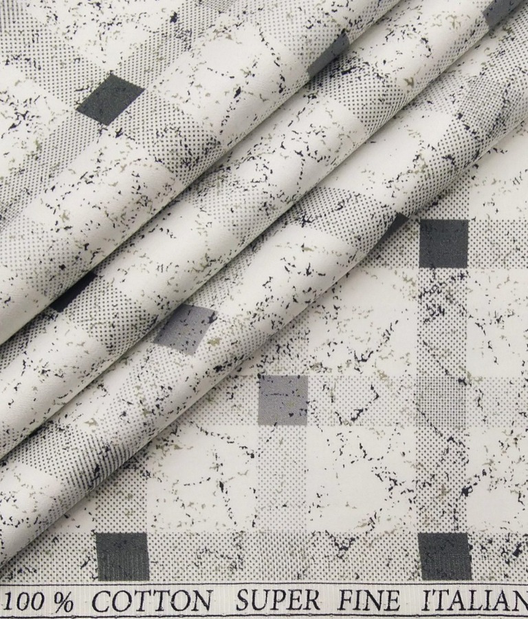 PEE GEE Men's 100% Cotton Grey Checks Print Unstitched Shirt Fabric (White