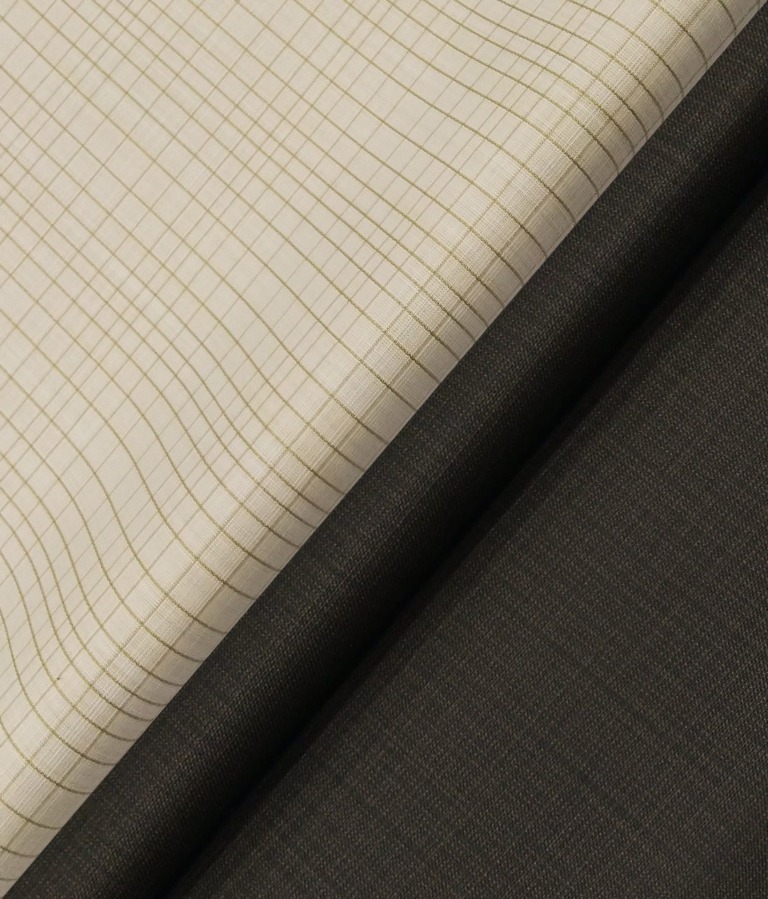 Raymond Men's Dark Brown Self Design Poly Viscose Trouser Fabric With Exquisite Beige Checks Poly Cotton Shirt Fabric (Unstitched Combo)