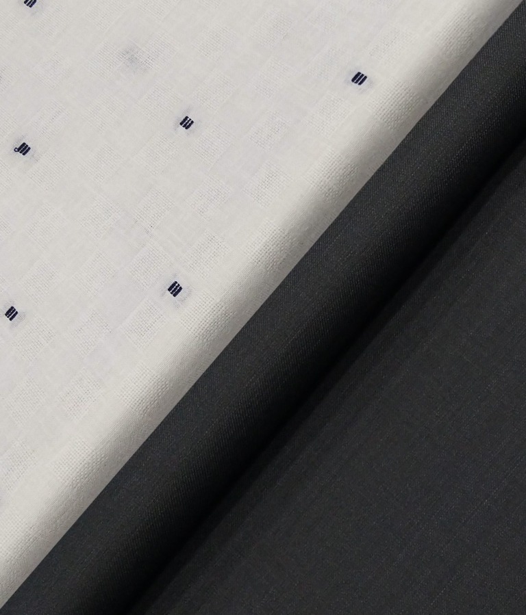 Raymond Men's Dark Blue Self Design Poly Viscose Shiny Trouser Fabric With Exquisite Whilte Khadi Look Dobby Poly Cotton Shirt Fabric (Unstitched Combo)