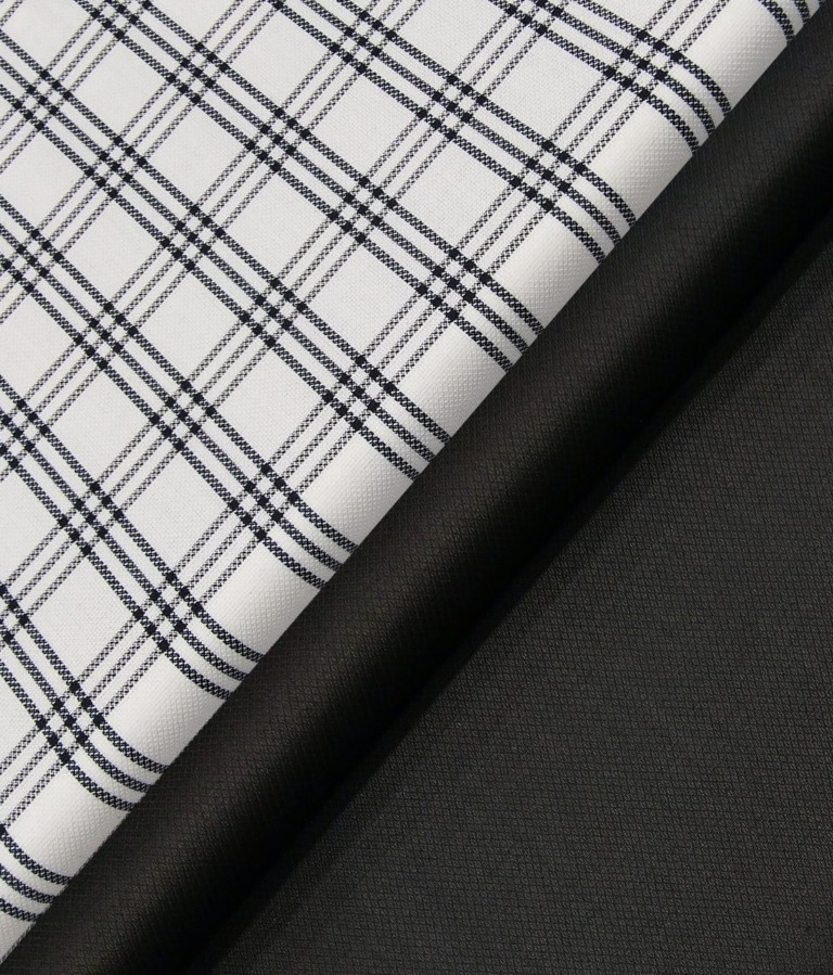 Raymond Men's Black Structured Poly Viscose Trouser Fabric With Exquisite White Checks Poly Cotton Shirt Fabric (Unstitched Combo)