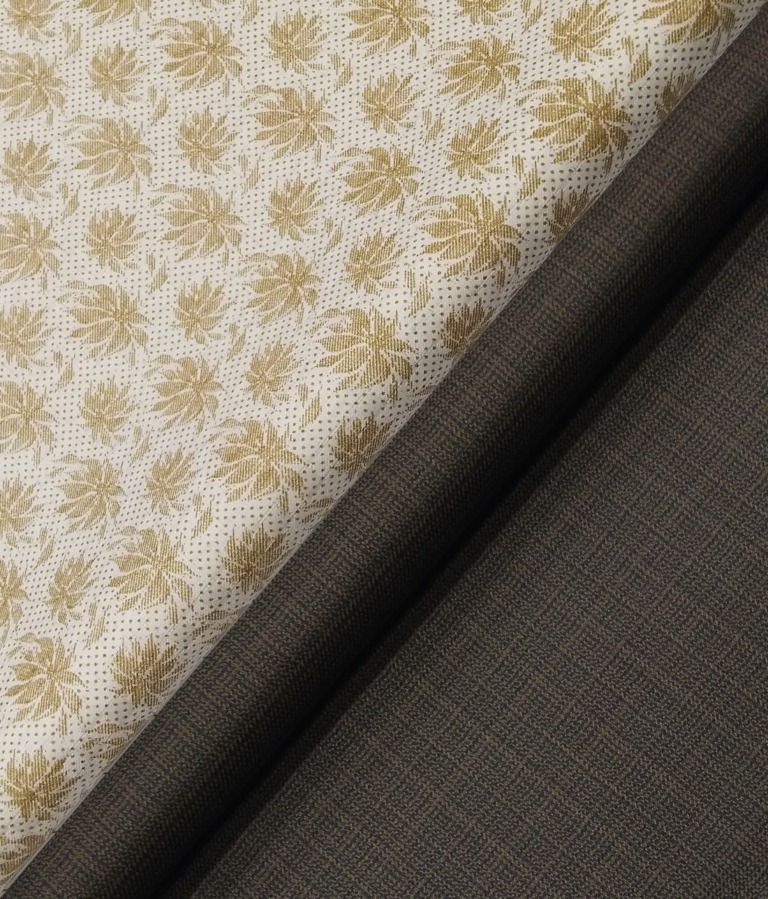 Raymond Men's Dark Brown Self Design Poly Viscose Trouser Fabric With Exquisite Cream Floral Print Cotton Shirt Fabric (Unstitched Combo)