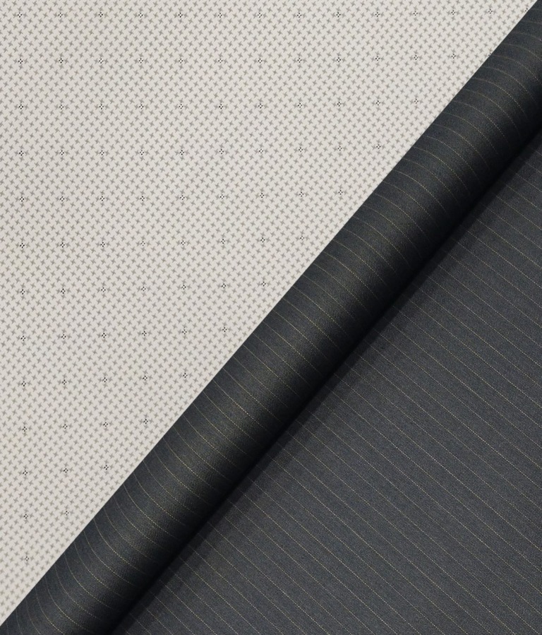 Raymond Men's Pebble Grey Striped Poly Viscose Trouser Fabric With Birla Century White Printed Cotton Shirt Fabric (Unstitched Combo)