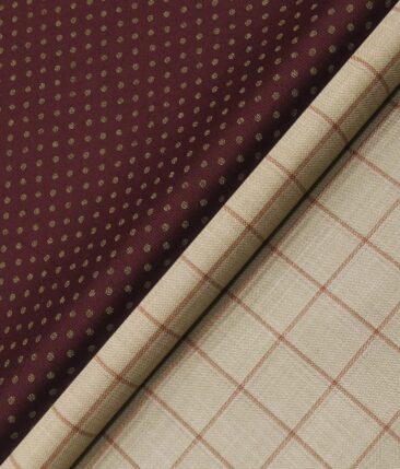 Raymond Men's Beige Red Checks Poly Viscose Trouser Fabric With Exquisite Maroon Red Printed Cotton Shirt Fabric (Unstitched Combo)