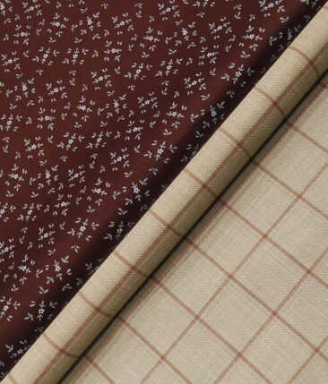 Raymond Men's Beige Red Checks Poly Viscose Trouser Fabric With Arvind Maroon Red Printed Cotton Shirt Fabric (Unstitched Combo)