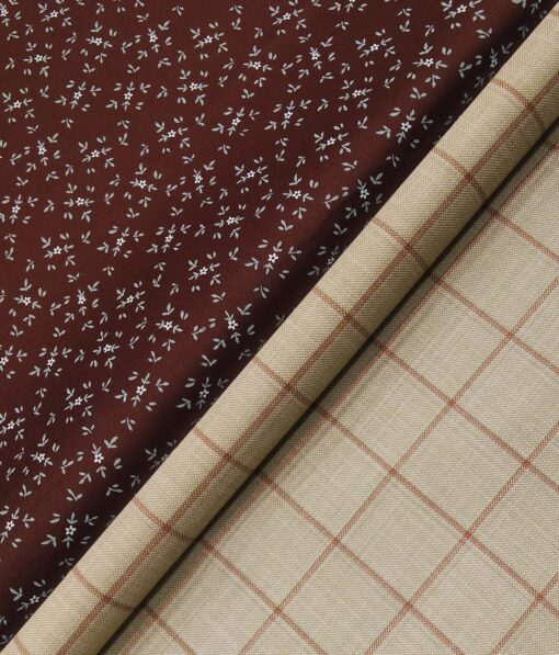 Raymond Men's Beige Red Checks Poly Viscose Trouser Fabric With Arvind Maroon Red Printed Cotton Shirt Fabric (Unstitched Combo)