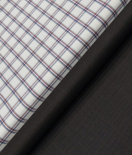 Raymond Men's Winish Brown Self Checks Poly Viscose Trouser Fabric With Birla Century White Checks Cotton Shirt Fabric (Unstitched Combo)