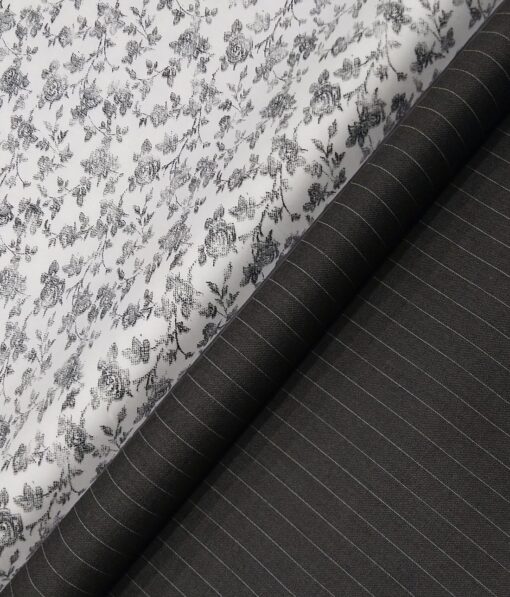 Raymond Men's Dark Grey Pin Stripes Poly Viscose Trouser Fabric With Exquisite White Printed Cotton Shirt Fabric (Unstitched Combo)