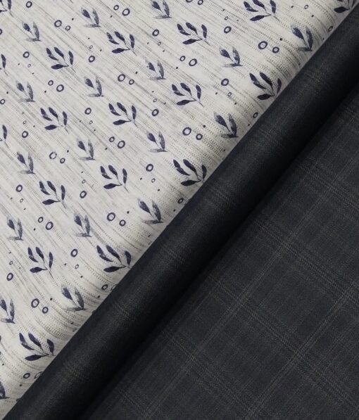 Raymond Men's Dark Grey Self Broad Checks Poly Viscose Trouser Fabric With Pee Gee  Light Grey Printed Cotton Shirt Fabric (Unstitched Combo)