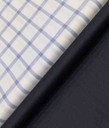 Raymond Men's Dark Blue Structured Poly Viscose Trouser Fabric With Soktas White Checks Giza Cotton Shirt Fabric (Unstitched Combo)