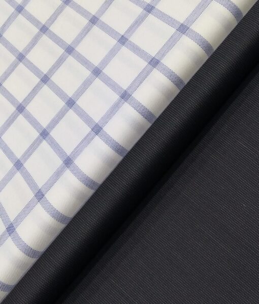 Raymond Men's Dark Blue Structured Poly Viscose Trouser Fabric With Soktas White Checks Giza Cotton Shirt Fabric (Unstitched Combo)