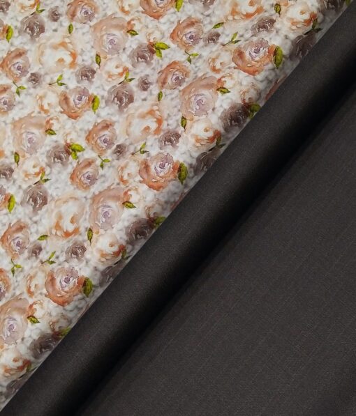 Raymond Men's Dark Brown Self Design Poly Viscose Trouser Fabric With Nemesis Peach Floral Digital Print Giza Cotton Shirt Fabric (Unstitched Combo)