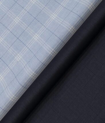 Siyaram's Men's Dark Navy Blue Self Checks Poly Viscose Trouser Fabric With Soktas Sky Blue Checks Cotton Shirt Fabric (Unstitched Combo)