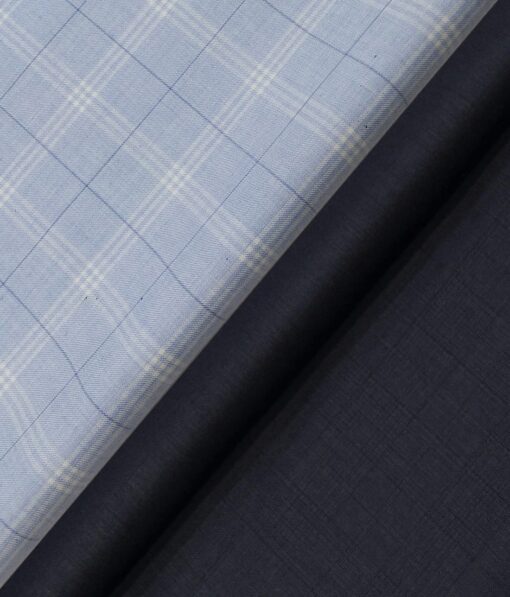 Siyaram's Men's Dark Navy Blue Self Checks Poly Viscose Trouser Fabric With Soktas Sky Blue Checks Cotton Shirt Fabric (Unstitched Combo)