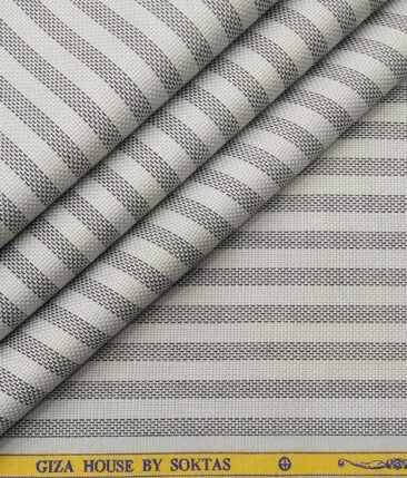 Soktas Men's Egyptian Giza Cotton Black Stripes Unstitched Shirt Fabric (Light Grey