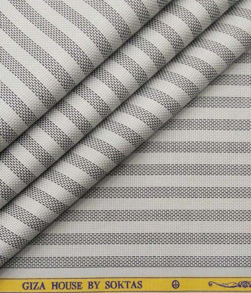 Soktas Men's Egyptian Giza Cotton Black Stripes Unstitched Shirt Fabric (Light Grey