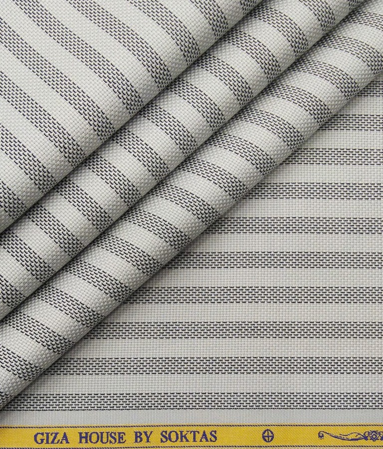 Soktas Men's Egyptian Giza Cotton Black Stripes Unstitched Shirt Fabric (Light Grey