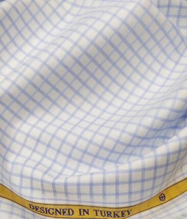 Soktas Men's 2 Ply 120's Egyptian Giza Cotton Blue Checks Unstitched Shirt Fabric (White
