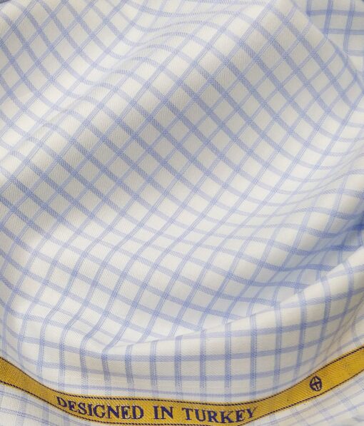 Soktas Men's 2 Ply 120's Egyptian Giza Cotton Blue Checks Unstitched Shirt Fabric (White