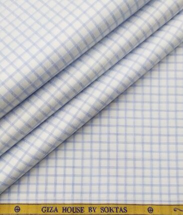 Soktas Men's 2 Ply 120's Egyptian Giza Cotton Blue Checks Unstitched Shirt Fabric (White