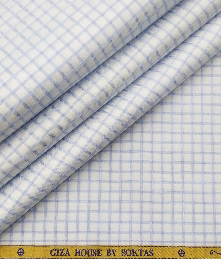 Soktas Men's 2 Ply 120's Egyptian Giza Cotton Blue Checks Unstitched Shirt Fabric (White
